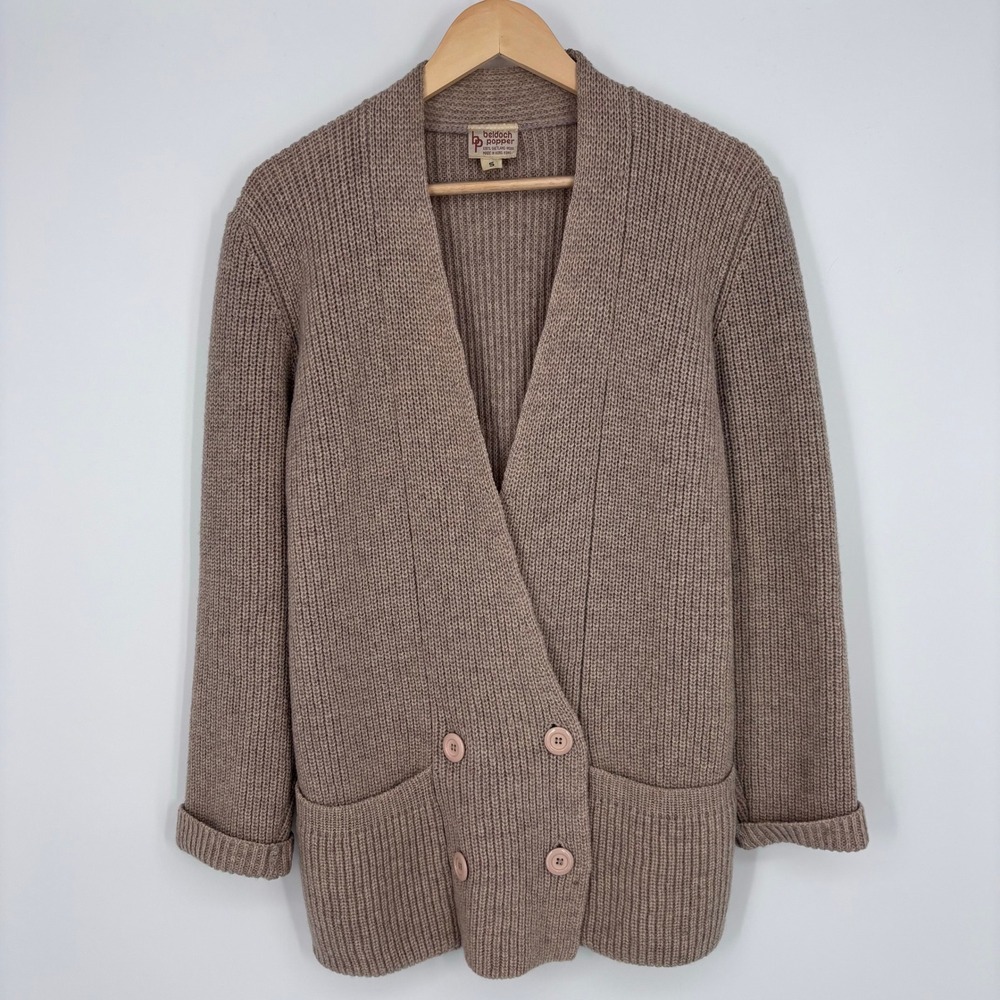 Vintage Beldoch Popper 100% Shetland Wool Cardigan Sweater Womens S Tan Brown